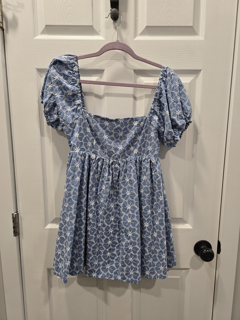 Lulu's Fit To Frolic Blue Eylet Lace Puff Sleeve Babydoll Dress